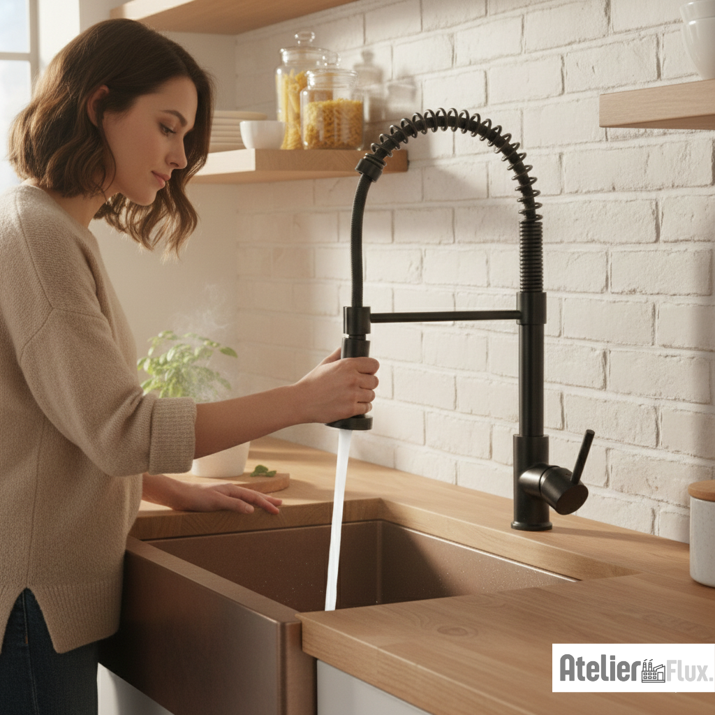 Mitigeur de cuisine à ressort flexible avec bec rétractable